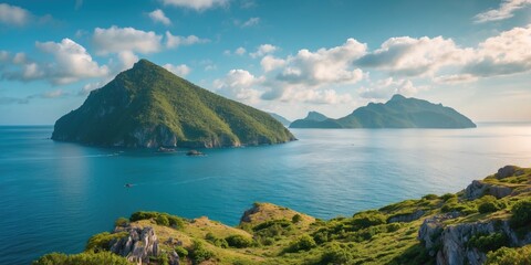 Canvas Print - Tranquil Seascape with Lush Islands Under a Bright Sky Ideal for Travel and Adventure Themes with Space for Text Integration