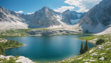 Sticker - Stunning Alpine Lake Surrounded by Majestic Mountains Under Clear Blue Sky with Space for Inspirational Text or Branding