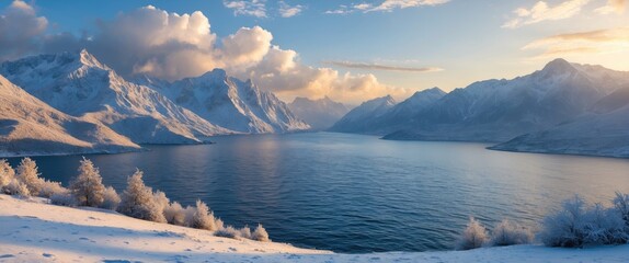 Canvas Print - Winter Morning Landscape with Snow-Capped Mountains and Calm Sea Reflecting Soft Sunrise Light Across a Serene Natural Setting.