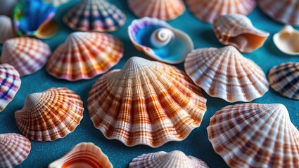 Wall Mural - Colorful Sea Mollusk Shells Displayed on Blue Surface for Summer and Coastal Themed Projects with a Rich Textural Background.