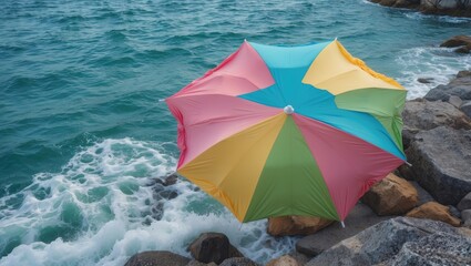 Wall Mural - Colorful Beach Umbrella by the Sea with Waves and Blank Space for Text or Branding