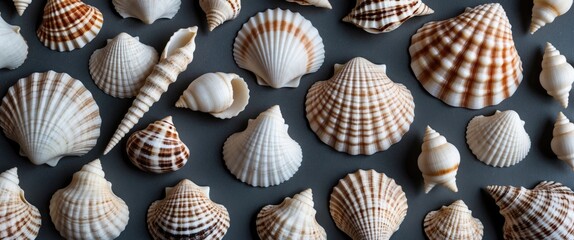 Canvas Print - Seashells Arrangement on Dark Background with Space for Text or Design Elements