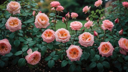 Canvas Print - Lush Seasonal Garden Displaying Elegant Pink Roses in Full Bloom Amidst Green Foliage and Soft Natural Lighting