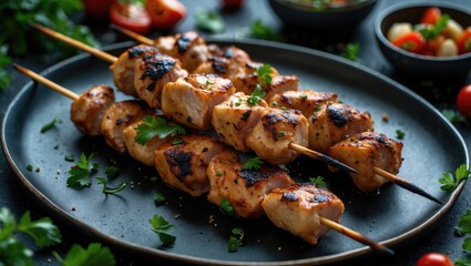 Wall Mural - Grilled Chicken Kebabs Garnished with Fresh Herbs on a Dark Plate Surrounded by Colorful Ingredients and Empty Space for Text