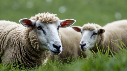 Poster - Sheep Grazing on Lush Green Grass with Clear Space for Text in a Natural Farm Setting. Perfect for Agricultural Promotion or Farm Products.