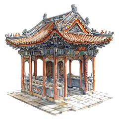 Wall Mural - Watercolor Painting of a Traditional Chinese Pavilion.