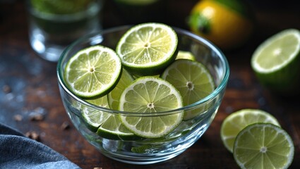 Wall Mural - Freshly Sliced Lime and Lemon Segments in a Clear Glass Bowl on a Rustic Wooden Surface