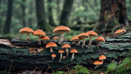 Canvas Print - Vibrant Orange Mushrooms Growing On Decaying Bark Amidst Lush Green Forest Background Highlighting Nature's Beauty And Ecosystem Richness