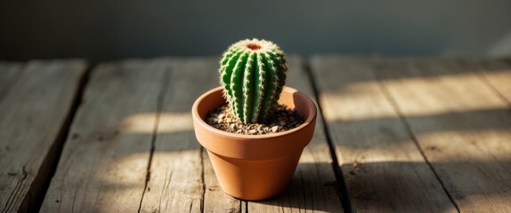 Wall Mural - Cactus in Terracotta Pot on Wooden Table Natural Light Home Decor Concept