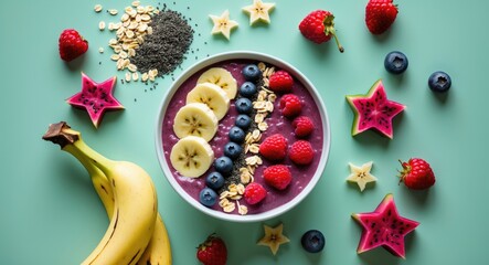 Poster - Vibrant smoothie bowl on mint background garnished with fruits, chia seeds, and oats showcasing a healthy breakfast concept in a flat lay view.