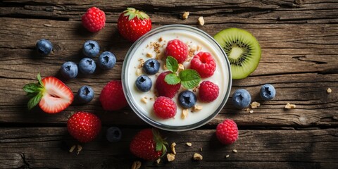 Canvas Print - Healthy Yogurt Bowl with Fresh Berries and Granola on Rustic Wooden Table with Space for Text or Branding in Background