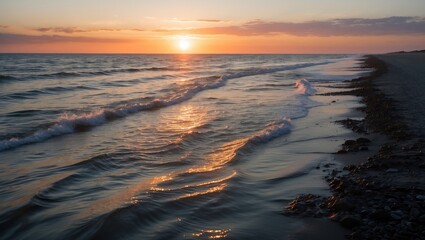 Wall Mural - Tranquil Sunset Over Gentle Waves on Seashore with Soft Lighting and Open Space for Text or Overlay