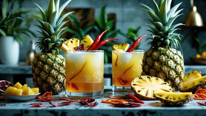 Wall Mural - Exotic Pineapple Rum Mezcal Cocktail with Chili and Garnished Dried Fruit Surrounded by Fresh Pineapples in a Stylish Kitchen Setting