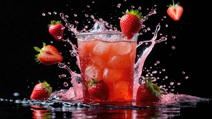 Wall Mural - Refreshing Strawberry Ice Tea Splash with Ice Cubes and Fresh Strawberries on Dark Background Ideal for Beverage Promotions