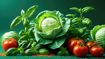 Sticker - Vibrant Still Life of Fresh Cabbage, Basil, and Ripe Tomatoes on a Rich Green Background Showcasing Natural Produce Beauty