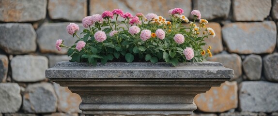 Canvas Print - Stone Pedestal with Vibrant Flowers Surrounded by Rustic Stone Wall Ideal for Seasonal Decor and Text Placement