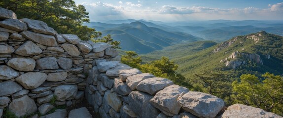 Wall Mural - Mountain Landscape with Stone Wall Overlooking Rolling Hills and Lush Greenery Under a Bright Sky