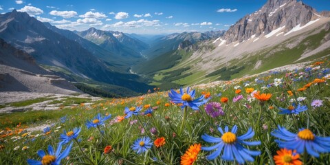 Wall Mural - Majestic Mountain Vista Featuring Lush Wildflowers Under Bright Blue Skies During Vibrant Summer Season