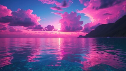 Canvas Print - Vibrant Pink-Purple Sunrise Over Tranquil Sea With Reflections and Azure Waters Creating a Scenic Seascape Ideal for Travel and Recreation.