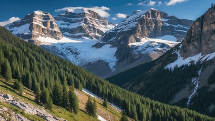 Canvas Print - Alpine Mountain Landscape with Lush Fir Forest and Majestic Snow-Capped Peaks under Clear Blue Sky in Summerà©±