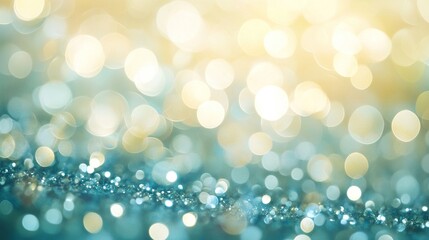 Abstract background with a blurred bokeh effect, light blue and yellow colors, sparkling glitter, design element for various materials or objects, such as wedding cards, festive greeting cards