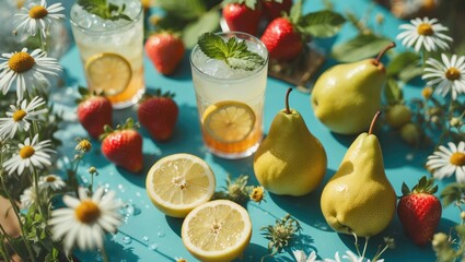 Wall Mural - Refreshing Summer Beverages With Strawberries Lemons Pears And Chamomile Flowers On A Sunny Table Perfect For Seasonal Promotions