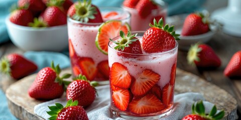 Wall Mural - Refreshing Summer Strawberry Beverage with Fresh Fruit Garnish and Copy Space for Text