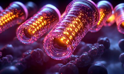 Wall Mural - glowing data tubes, futuristic tech, binary code, dark background, scientific research