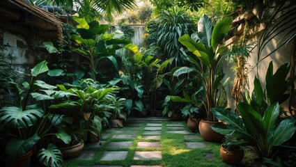 Wall Mural - Lush Tropical Garden Pathway Surrounded By Vibrant Green Plants And Decorative Pots Creating A Serene Natural Atmosphere