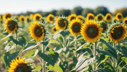 Wall Mural - Vibrant sunflowers blooming in a field under a clear blue sky with ample space for adding text or messages. Perfect for seasonal promotions.