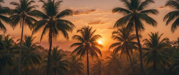 Wall Mural - Serene Sunrise Behind Lush Palm Trees with Clear Sky for Text Overlay in Tropical Landscape Setting