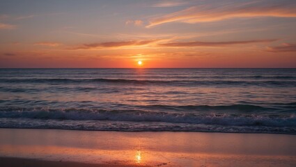 Wall Mural - Tranquil Sunset Over a Serene Beach with Waves Gently Lapping on the Shore and Colors Reflecting on the Calm Ocean Surface.