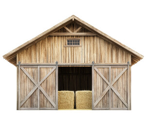 rustic wooden barn with large sliding doors and hay bales inside creates charming rural scene. weathered wood and spacious entrance evoke sense of tranquility and farm life