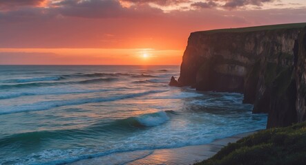 Wall Mural - Serene Sunset Over Ocean Waves and Cliffside Landscape Illuminating Tranquil Seaside Beauty