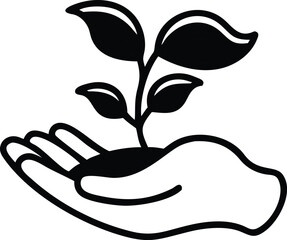 a high-quality, detailed line art representing an eco-conscious imagery tree growing from open palm 