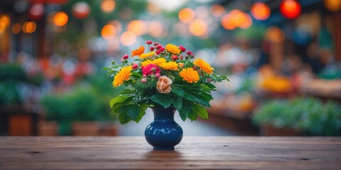 Poster - Colorful Flower Arrangement in Vibrant Vase with Blurred Market Background for Seasonal Decor and Nature Inspired Design