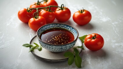 Sticker - Fresh Red Tomatoes with Bowl of Vinegar and Herbs on Light Textured Surface in a Flat Lay Composition for Culinary and Food Photography.