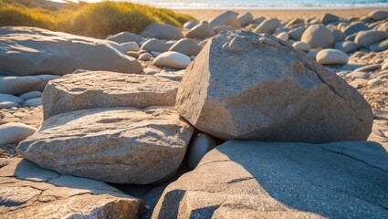 Poster - Bouldering rock texture on a beach at sunset with empty space for text ideal for nature and landscape themed designs