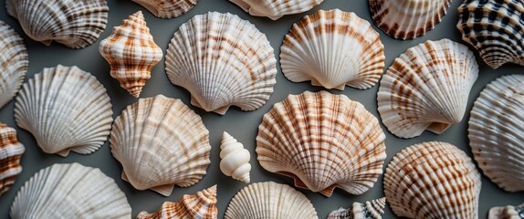 Canvas Print - Collection of Elegant Seashells on Gray Background With Space for Text Stylish Handicraft Natural Beach Decor Design Concept