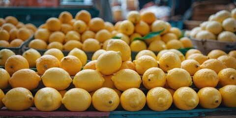 Wall Mural - Vibrant display of fresh lemons in market setting with ample empty space for text showcasing freshness and abundance.