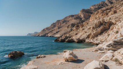 Poster - Rocky Coastal Landscape by the Mediterranean Sea Under Clear Blue Skies with Calm Waters and Space for Text or Design Elements