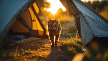 Sticker - Cat Walking in Front of a Tent at Sunset with Natural Light and Empty Space for Text Insertions