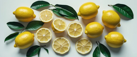 Poster - Fresh Lemons Whole and Sliced with Green Leaves Displayed on a White Background for Culinary and Decor Purpose