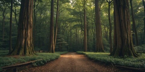 Wall Mural - Majestic forest landscape with tall trees and serene path inviting exploration and contemplation in a tranquil natural setting.