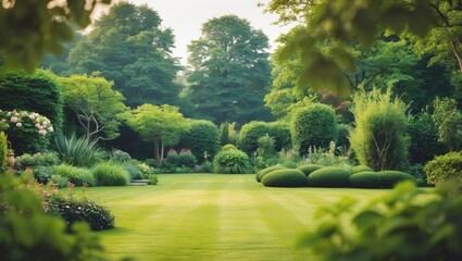 Wall Mural - Tranquil green garden landscape with well-maintained lawns and shrubs inviting peace and serenity, featuring ample space for text overlay.