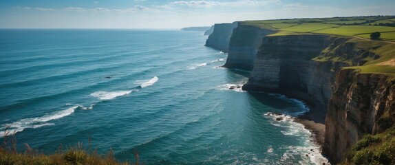 Canvas Print - Dramatic Coastal View of Serene Ocean Waves Crashing Against Majestic Cliffs Under Clear Blue Sky