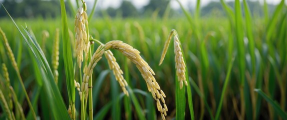 Wall Mural - Golden Rice Ears Ripening in Lush Green Paddy Field Under Clear Sky Symbolizing Agriculture and Food Security