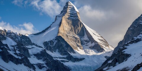 Sticker - Majestic Matterhorn Mountain Peak Bathed in Sunlight with Dramatic Clouds and Snow-Capped Slopes Ideal for Travel or Adventure Themes