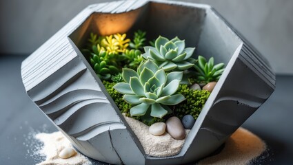 Wall Mural - Geometric Concrete Pot with Succulents and Decorative Stones in a Terrarium Setting