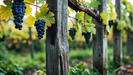 Poster - Vineyard details showcasing old wooden posts and ripe dark grapes surrounded by vibrant green leaves in a garden setting.